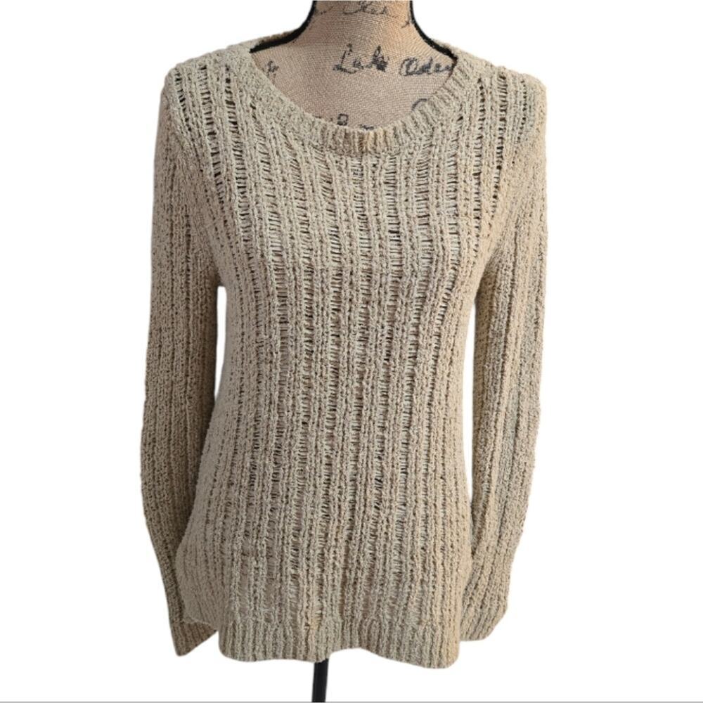 Michael Kors Wheat Beige Open Weave Boho Cozy Pop Over Sweater Size Large